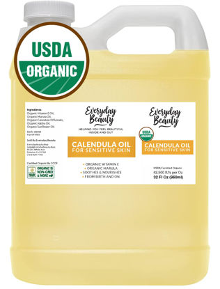 Picture of Organic Calendula Oil For Sensitive Skin -Bulk 32 Fl Oz- USDA Organic Certified 100% All Natural Plant Based, Lightweight & Unscented Gentle Soothing Oil For Sensitive Skin - For Face, Skin & All Over