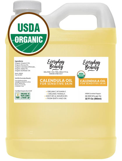 Picture of Organic Calendula Oil For Sensitive Skin -Bulk 32 Fl Oz- USDA Organic Certified 100% All Natural Plant Based, Lightweight & Unscented Gentle Soothing Oil For Sensitive Skin - For Face, Skin & All Over