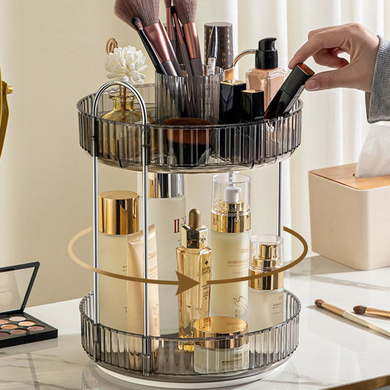 Picture of Aveniee 360° Rotating Makeup Organizer for Vanity, Upagraded Perfume Skincare Bathroom Counter Organizers with Brush Divider, Two Tier Spinning Lipstick Cosmetic Makeup Lotion Storage Organizer (Grey)