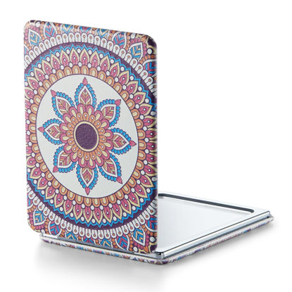 Picture of OMIRO Compact Mirror, Unique Painting PU Leather 1X/3X Magnification, Ultra Portable for Purses, 2.4" W x 3.4" L (Red Flower Mandala)
