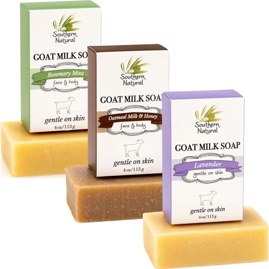 Picture of Southern Natural Goat Milk Soap Bar (Variety 3 Pack) Lavender, Oatmeal Milk & Honey, Rosemary Mint - For Dry Sensitive Skin. For Men, Women, Kids & Baby. Great For Face and Body.