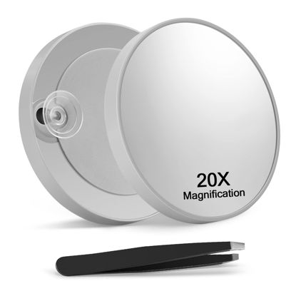 Picture of Macaki 20X Magnifying Mirror with 2 Suction Cups, 3.5 inches Magnified Makeup Mirror and Slant Tweezers,Grey，1PCS