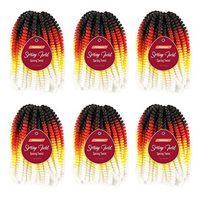 Picture of ROKTRESS Spring Twist Hair 8-inch - 6 packs T1B/Red/Yellow/White Pre-looped spring twist crochet Braids, Ombre Colors Bob spring twist hair Low Temperature Kanekalon Synthetic Fiber Fluffy Hair Extensions (8 Inch,T1B/Red/Yellow/White)