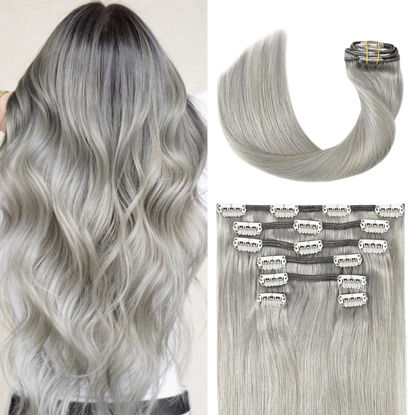 Picture of UGOTRAY Silver Clip in Hair Extensions Real Human Hair 70G Gray Remy Human Hair Clip in Extensions 15 Inch Soft Silky Straight for Full Head 7pcs 16clips One Pack (15 Inch #Silky/Gray)