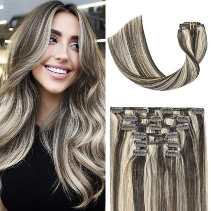 Picture of UGOTRAYS Clip in Hair Extensions Dark Brown Mixed Bleach Blonde Highlight Hair Extensions 15 Inch 70g 7pcs Straight Real Human Hair Extensions Double Weft #2p613