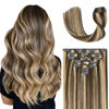 Picture of UGOTRAYS Clip in Hair Extensions Highlight Chocolate Brown to Caramel Blonde, 18 Inch 70g Real Human Hair Extensions Double Weft 7pcs for Women #4p27 Brown Highlight Clip in Hair Extensions