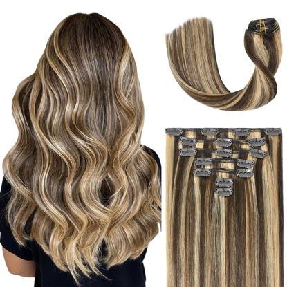 Picture of UGOTRAYS Clip in Hair Extensions Highlight Chocolate Brown to Caramel Blonde, 18 Inch 70g Real Human Hair Extensions Double Weft 7pcs for Women #4p27 Brown Highlight Clip in Hair Extensions