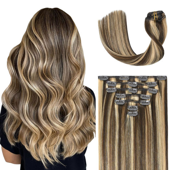 Picture of UGOTRAYS Clip in Hair Extensions Highlight Chocolate Brown to Caramel Blonde, 20 Inch 70g Real Human Hair Extensions Double Weft 7pcs for Women #4p27 Brown Highlight Clip in Hair Extensions
