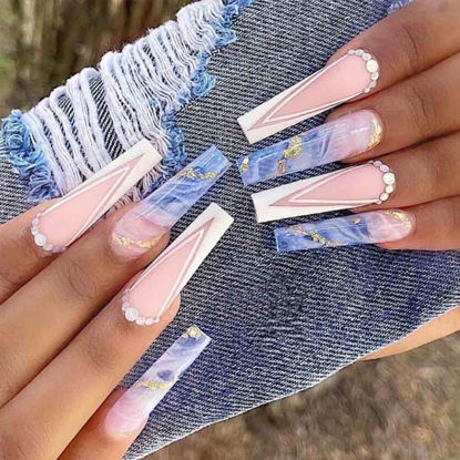 Picture of Foccna Blue Press on Nails Acrylic Long French Fake Nails Tips-White Acrylic False Nails Coffin Glossy Daily Wear Artificail Nails for Nail Art Manicure Decoration(24Pcs)