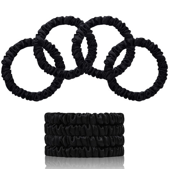 Picture of SEMRUE 22 Momme 100% Pure Mulberry Silk Scrunchies (4 PCS) - Small Hair Elastics and Ties for Women, Sleep Hair Care, No Damage, Black