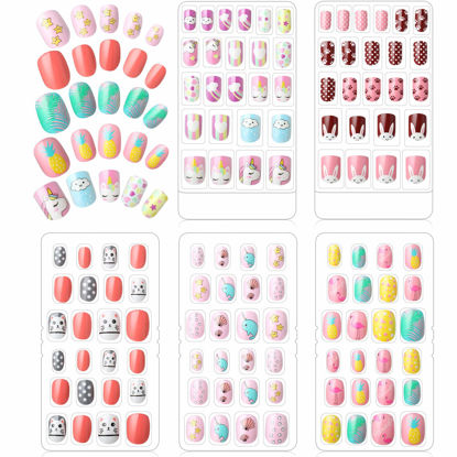 Picture of 120 Pieces Girls Press on Nails Fake Nails Artificial Nails Children Full Cover Short False Fingernails for Girls Kids Nail Design Decoration, 5 Boxes (Animal Theme)