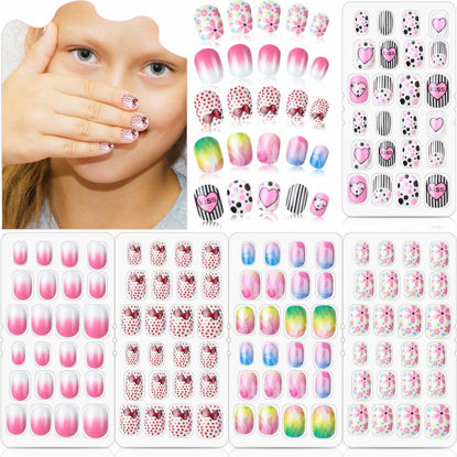 Picture of 120 Pieces Kids Press on Nails Children Fake Nails Artificial Nail Tips Girls Full Cover Short False Fingernails for Girls Kids Nail Decoration (Sweet Pattern)