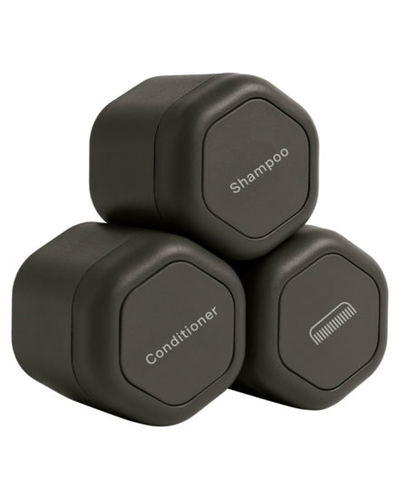 Picture of Cadence Travel Containers - Haircare Set - Magnetic Travel Capsules - For Shampoo, Conditioner, Hair Styling Product - 3 Flex Mediums (1.32oz) with Shampoo, Conditioner & Comb Icon Labels - Charcoal