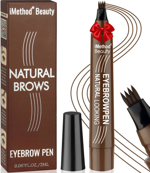 Picture of iMethod Microblading Eyebrow Pen - Eyebrow Pencil Magical Upgraded Eye Brow Pencils for Women with 4 Fork Tip & Spoolie Brush for Natural-Looking Hair-Like Defined Brows, Last All-Day, Dark Brown