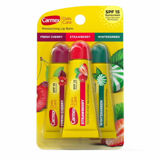 Picture of Carmex Daily Care Moisturizing Lip Balm Pack, Lip Balm With Sunscreen in Fresh Cherry, Strawberry and Wintergreen -0.35 Ounce (Pack of 3)