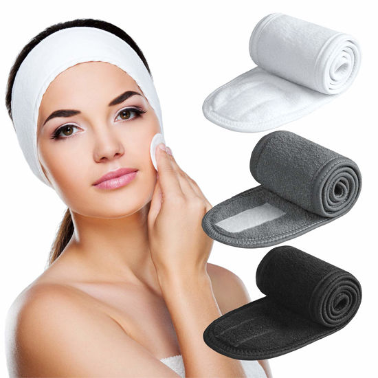 Picture of Denfany Spa Headband 3 Pack Ultra Soft Adjustable Face Wash Headband Terry Cloth Stretch Make Up Wrap for Face Washing, Shower, Facial Mask, Yoga (Black + White + Grey)