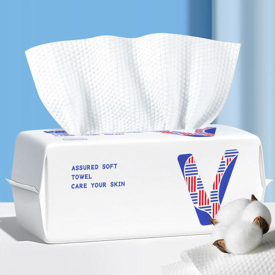 Picture of Vuacepe Face Towels Disposable Cotton Facial Clean Towels, 100 Count Biodegradable Soft Dry Facial Tissue, Face Drying Towels for Skin Care, Makeup Remover, Disposable Face Cloths for Washing Face