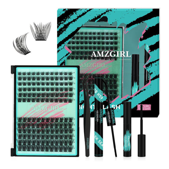 Picture of AMZGIRL LASH Midnight DIY Lash Extension Kit, 144 pcs Eyelash Clusters Kit Lash Bond and Seal, Lash Glue Remover and Applicator for Individual False Eyelashes Kit Lash Extensions(D-Mix 8-16mm Kit)