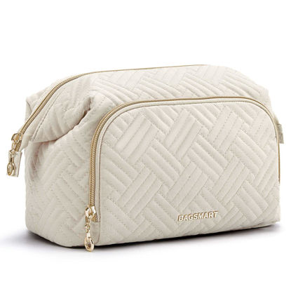 Picture of BAGSMART Travel Makeup Bag, Cosmetic Bag Small Make Up Organizer Case,Wide-open Pouch for Women Purse for Toiletries Accessories Brushes,Small Beige