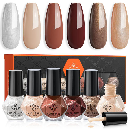 Picture of modelones Nail Polish 6 Colors Brown Nude Silver Glitter Nail Polish Set Skin Tone Spring Collection Quick Dry Mini Nail Polish Manicure DIY Nail Art Salon Home Gift For Women Girl