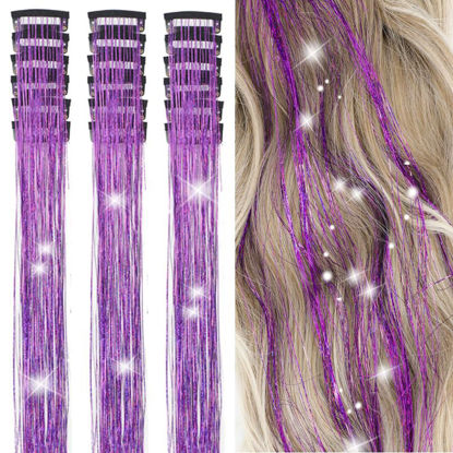 Picture of ZYXQZYX Hair Tinsel Kit Pack of 18 Pcs Hair Tinsel Clip in 19.6Inch Glitter Tinsel Hair Extensions Heat Resistant Clip in Hair Tinsel Sparkle Fairy Hair Accessories for Kids Girls Women (Purple)