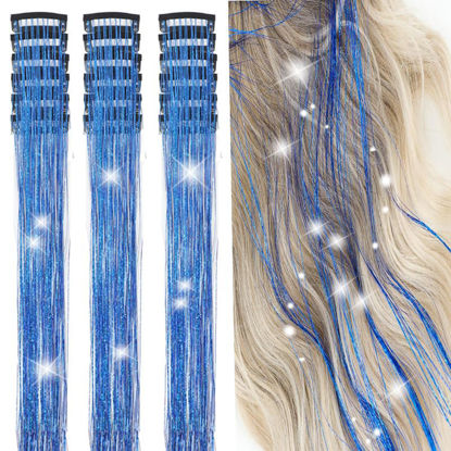 Picture of ZYXQZYX Hair Tinsel Kit Pack of 18 Pcs Hair Tinsel Clip in 19.6Inch Glitter Tinsel Hair Extensions Heat Resistant Clip in Hair Tinsel Sparkle Fairy Hair Accessories for Kids Girls Women (Blue)