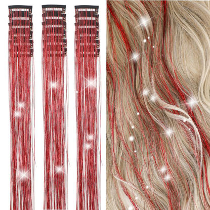 Picture of ZYXQZYX Hair Tinsel Kit Pack of 18 Pcs Hair Tinsel Clip in 19.6Inch Glitter Tinsel Hair Extensions Heat Resistant Clip in Hair Tinsel Sparkle Fairy Hair Accessories for Kids Girls Women (Red)