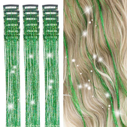 Picture of ZYXQZYX Hair Tinsel Kit Pack of 18 Pcs Hair Tinsel Clip in 19.6Inch Glitter Tinsel Hair Extensions Heat Resistant Clip in Hair Tinsel Sparkle Fairy Hair Accessories for Kids Girls Women (Green)