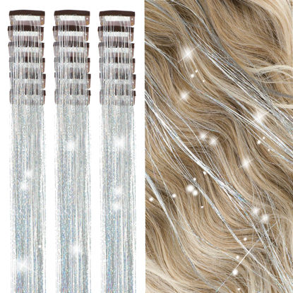 Picture of ZYXQZYX 19.6Inch Clip in Sparkle Fairy Hair Extensions Kit for Kids, Girls, Women - 18 Pcs Heat Resistant Hair Tinsel Clips (Silver)