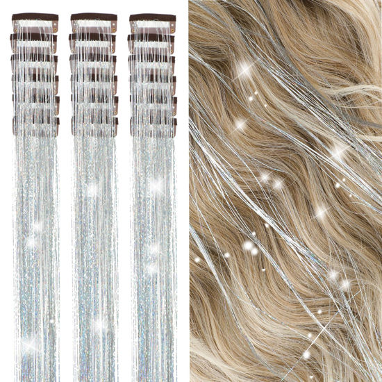 Picture of ZYXQZYX 19.6Inch Clip in Sparkle Fairy Hair Extensions Kit for Kids, Girls, Women - 18 Pcs Heat Resistant Hair Tinsel Clips (Silver)