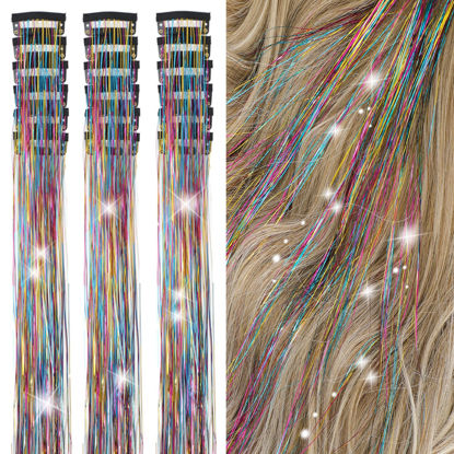 Picture of ZYXQZYX Hair Tinsel Kit Pack of 18 Pcs Hair Tinsel Clip in 19.6Inch Glitter Tinsel Hair Extensions Heat Resistant Clip in Hair Tinsel Sparkle Fairy Hair Accessories for Kids Girls Women (Rainbow)