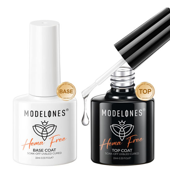 Picture of modelones Hema-Free Gel Base and Top Coat Set, 2 Pcs Clear Glossy Gel Top Base Coat No Wipe Long Lasting for Gel Polish, Acrylic Nails Soak Off Nail Lamp Nail Art Home Salon Manicure