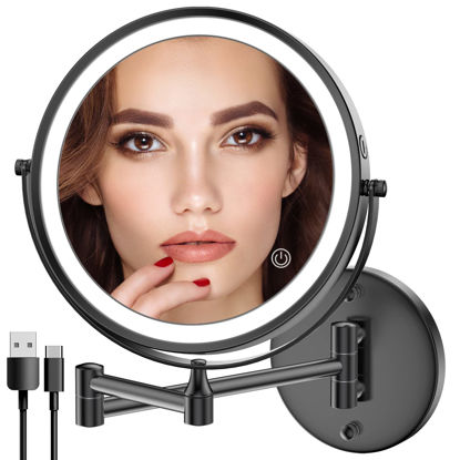 Picture of Rocollos Rechargeable Wall Mounted Lighted Makeup Mirror, 8 Inch Double-Sided LED Vanity Mirror 1X/10X Magnification,3 Color Lights Touch Screen Dimmable 360°Swivel 13 Inch Extendable