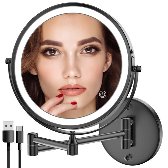 Picture of Rocollos Rechargeable Wall Mounted Lighted Makeup Mirror, 8 Inch Double-Sided LED Vanity Mirror 1X/10X Magnification,3 Color Lights Touch Screen Dimmable 360°Swivel 13 Inch Extendable