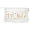 Picture of Y1tvei STUFF Clear Makeup Bag - Preppy Patch White Chenille Varsity Letter Transparent PVC Large Cosmetic Pouch Portable Waterproof Travel Organizer Toiletry Compliant Carry On Bag for Women(White)