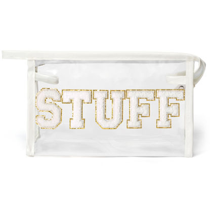 Picture of Y1tvei STUFF Clear Makeup Bag - Preppy Patch White Chenille Varsity Letter Transparent PVC Large Cosmetic Pouch Portable Waterproof Travel Organizer Toiletry Compliant Carry On Bag for Women(White)