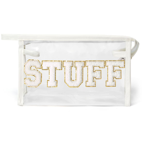 Picture of Y1tvei STUFF Clear Makeup Bag - Preppy Patch White Chenille Varsity Letter Transparent PVC Large Cosmetic Pouch Portable Waterproof Travel Organizer Toiletry Compliant Carry On Bag for Women(White)