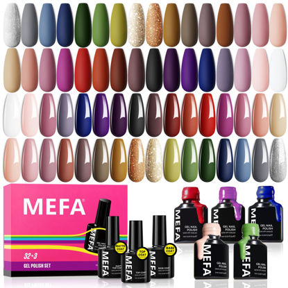 Picture of MEFA Gel Nail Polish Set, 32 Colors Burgundy Red Gel Polish Set Champagne Gold Glitter Nail Polish Gel Soak Off Dark Red Purple Shimmer Nude Brown Gel Nail Gifts for Women Girl DIY Salon Home Manicure