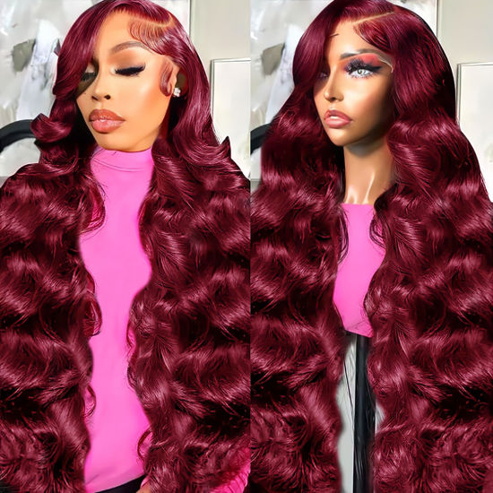 Picture of Lukymart 28 Inch 99J Burgundy Lace Front Wigs Human Hair 13x6 HD Transparent Body Wave Lace Front Wigs Human Hair Pre Plucked 99j Burgundy Red Wine Glueless Human Hair Wigs for Women