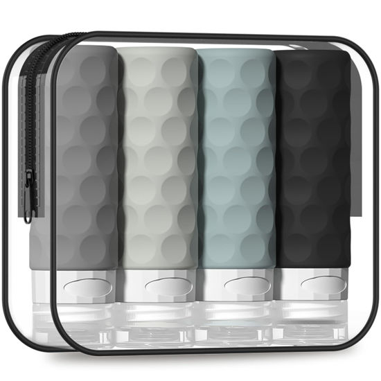 Picture of Silevoler Travel Bottles for Toiletries, 4pcs Tsa Approved 3oz Travel Size Containers, BPA Free Leak Proof Premium Silicone Bottles, Refillable Liquid Squeezable Accessories W/Toiletry Bag