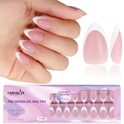 Picture of Canvalite French Tip Press on Nails Short Gel Nail Tips - 300Pcs Pre-Colored Quick and Easy Press on Nails Almond Fake Nails with Designs DIY Gel x French Tip Nails, Pink White