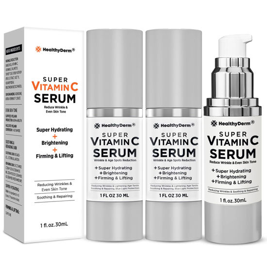 Picture of Super Vitamin C Serum for Women Over 70: Niacinamide, Vitamin C, Hyaluronic Acid, Peptides, Vitamin E, Caffeine, Bakuchiol, Hydrating, Lifting, Wrinkle & Age Spots Reduction Pack of 3