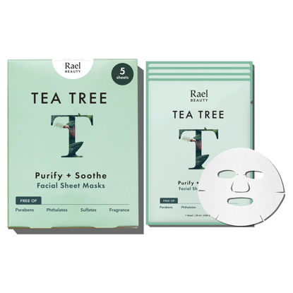 Picture of Rael Face Mask Skin Care, Tea Tree Face Masks - Bamboo Facial Sheet Mask, Korean Skincare, with Tea Tree Oil and Fruit Extracts, All Skin Types (Tea Tree, 5 Sheets)