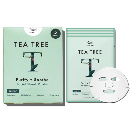 Picture of Rael Face Mask Skin Care, Tea Tree Face Masks - Bamboo Facial Sheet Mask, Korean Skincare, with Tea Tree Oil and Fruit Extracts, All Skin Types (Tea Tree, 5 Sheets)