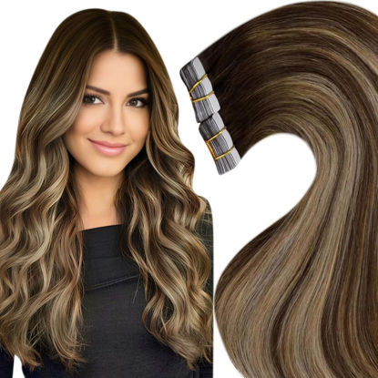 Picture of LaaVoo Tape in Hair Extensions Balayage Real Human Hair Extensions Tape in Dark Brown Mix Caramel Blonde Balayage Hair Extensions Tape in Human Hair 14 Inch 50g