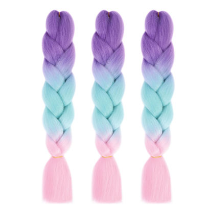 Picture of MAYSA Ombre Jumbo Braiding Hair For Women and Girls 24 Inch Ombre Colors Soft Braid Hair Extensions 3Packs Braiding Hair High Temperature Synthetic Fiber (Purple-Green-Pink)