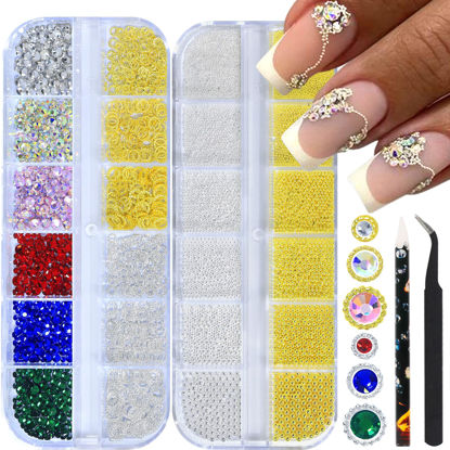 Picture of HNUIX Nail Charms Studs - 3D Multiple Colors, Flat Back Rhinestones, Caviar Beads, Round, Gold Silver, with Kit, for Nail Art