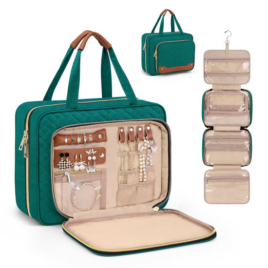 Picture of Wedama Toiletry Bag for Women, Hanging Travel Toiletry Bag with Jewelry Organizer Compartment Large Makeup Bag, PVC Waterproof Cosmetic Travel Bag Trips Camping Bathroom, Green+Brown