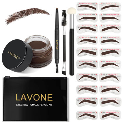 Picture of LAVONE Eyebrow Stamp Stencil Kit, Brow Stamp Trio Kit with Waterproof Eyebrow Pencil, Pomade, 20 Eyebrow Stencils, Dual-ended Eyebrow Brush and Sponge Applicator - Espresso
