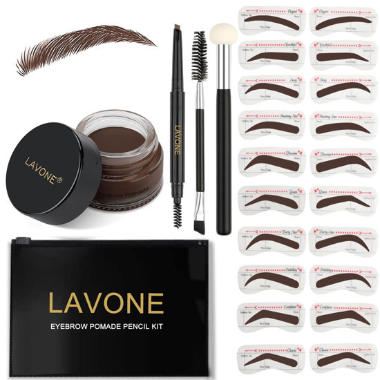 Picture of LAVONE Eyebrow Stamp Stencil Kit, Brow Stamp Trio Kit with Waterproof Eyebrow Pencil, Pomade, 20 Eyebrow Stencils, Dual-ended Eyebrow Brush and Sponge Applicator - Espresso